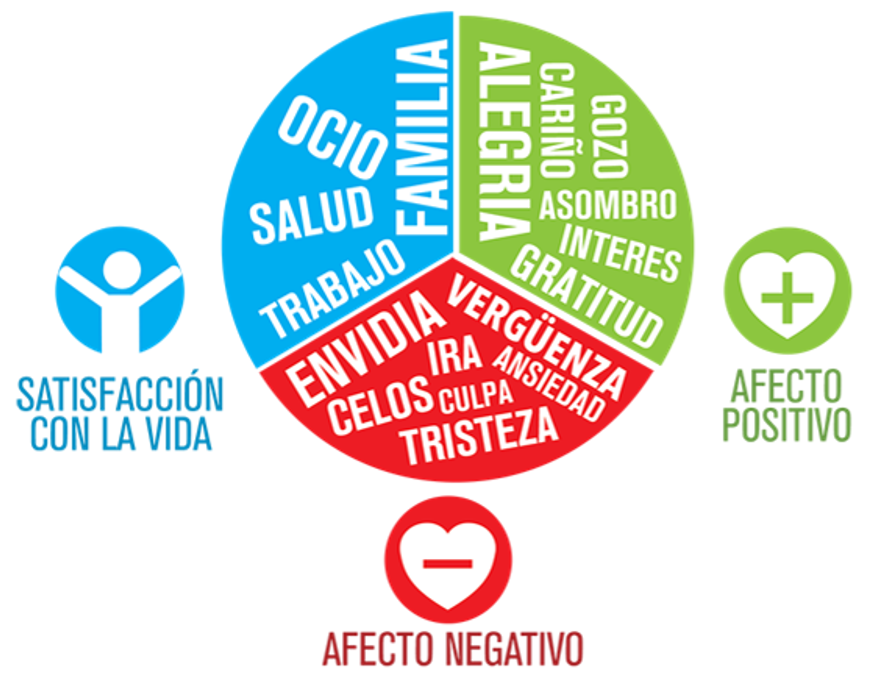 Tres tipos principales de felicidad Los tres tipos principales de felicidad son la alta satisfacción con la vida, los sentimientos positivos frecuentes y los sentimientos negativos poco frecuentes.